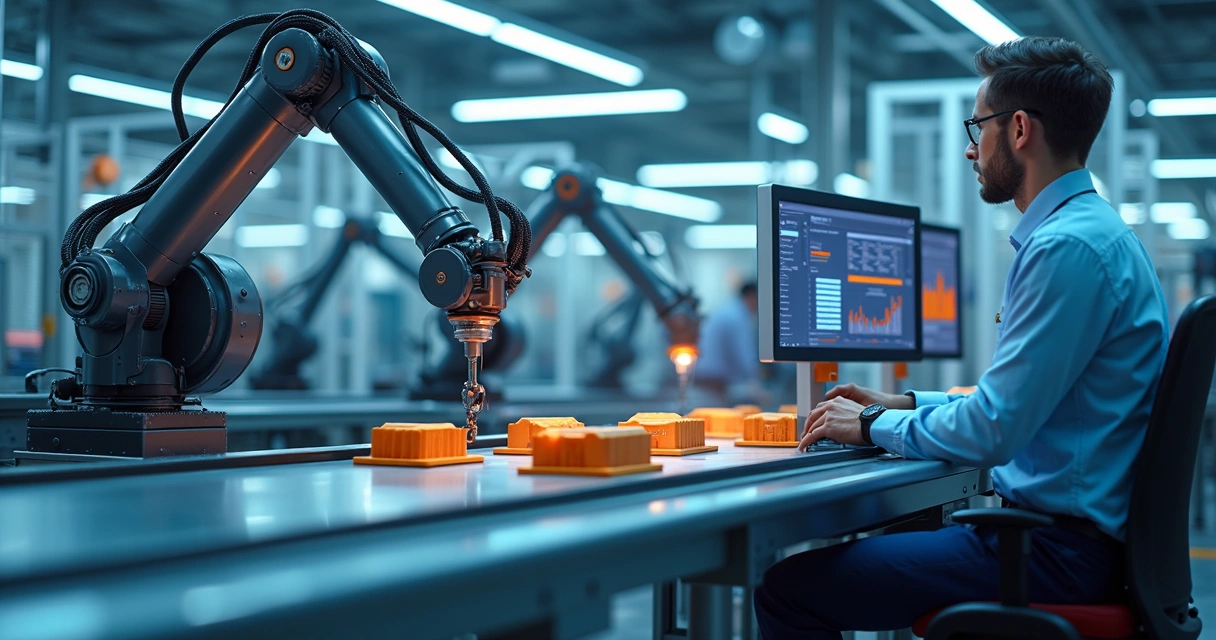 Linha de produção automática com braços robóticos e operadores supervisionando monitores 