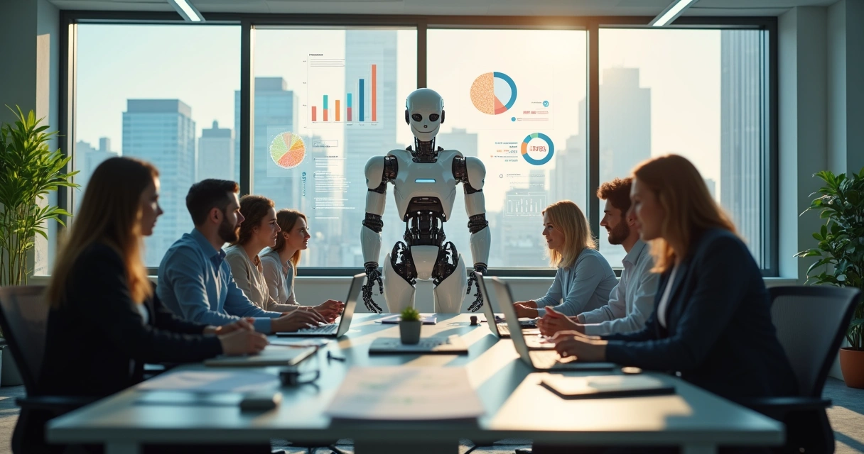 Robô trabalhando ao lado de humanos em mesa de escritório moderna 