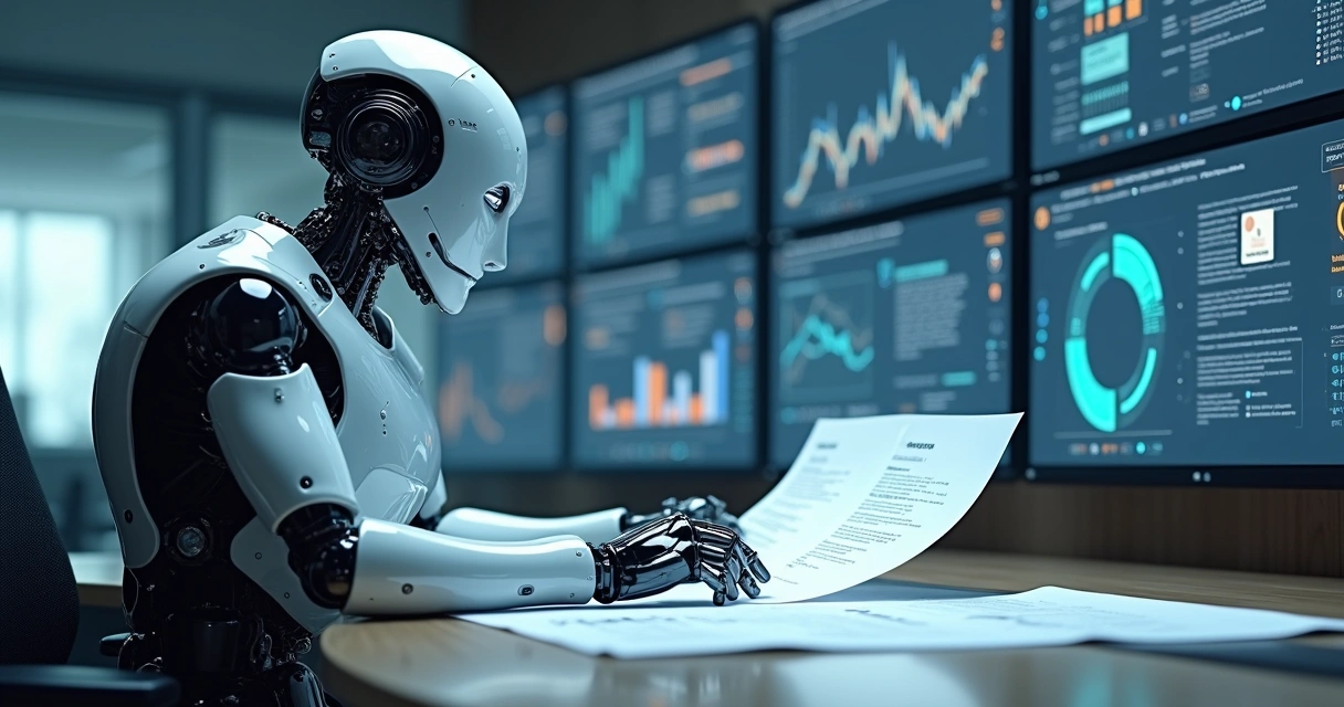 Robô analisando documentos em escritório corporativo 