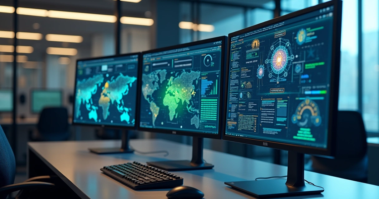 Imagem realista de um escritório moderno com telas exibindo gráficos, fluxos de trabalho automatizados e ícones de IA e robótica 