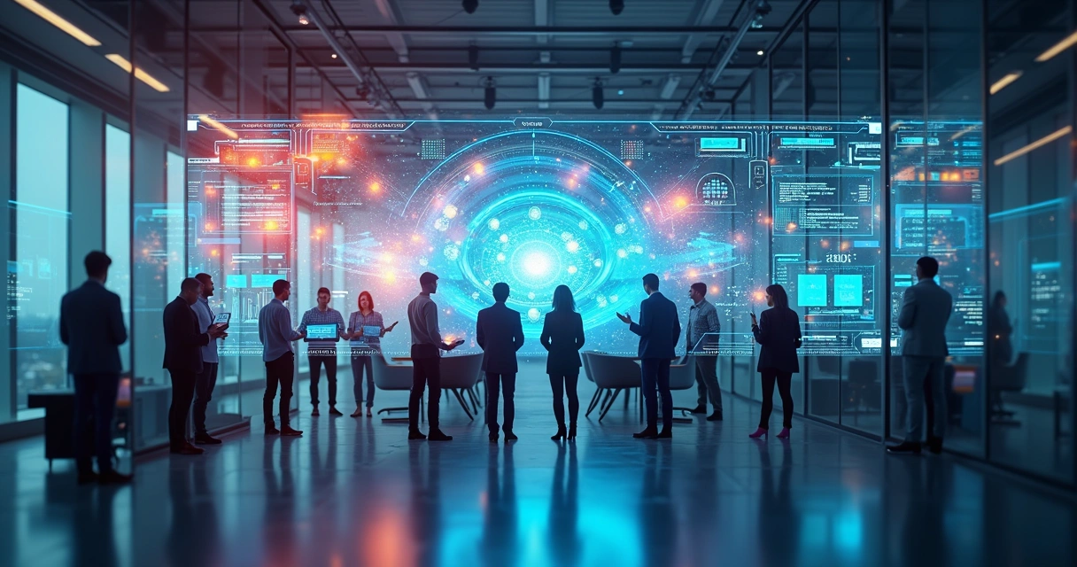 Representação visual de automação de processos empresariais com inteligência artificial em uma sala moderna de escritório com telas digitais mostrando gráficos de dados e fluxos de trabalho conectados