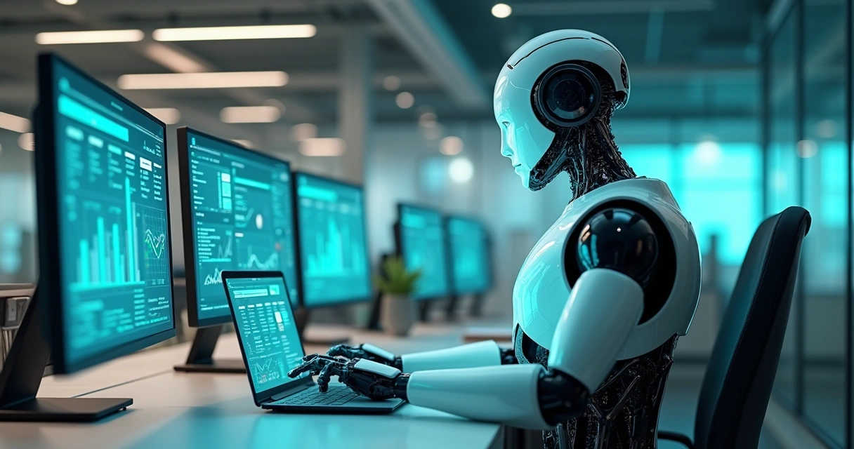 Robô automatizando tarefas em um escritório digital