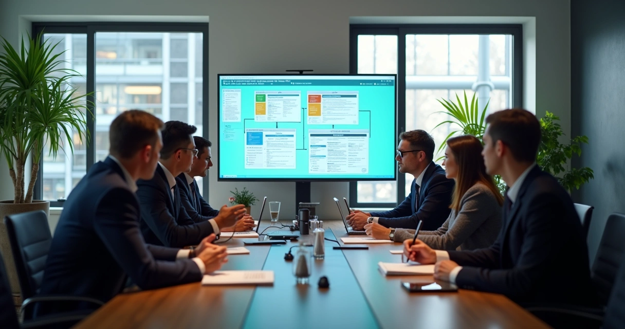 Equipe jurídica reunida em escritório com telas digitais exibindo fluxos de automação 