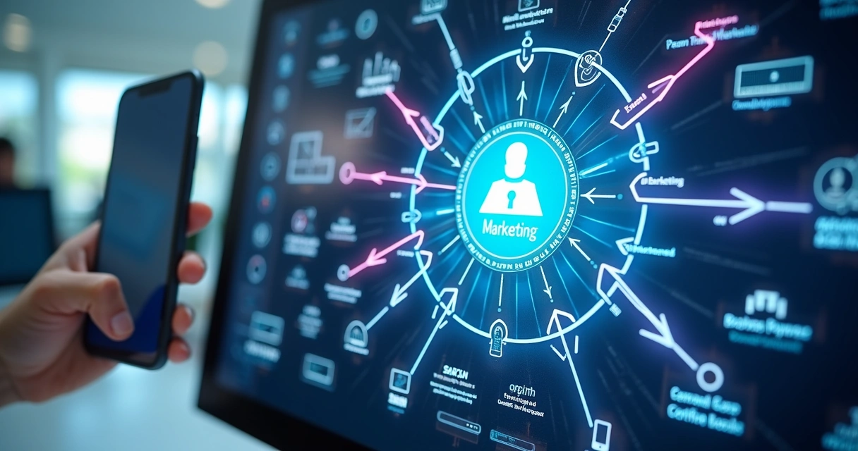 Painel digital com fluxos de automação conectando etapas do marketing, esquemas coloridos e telas de dispositivos modernos 