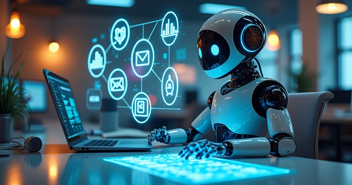Robô digital trabalhando em automação de marketing com ícones de e-mail e gráficos 