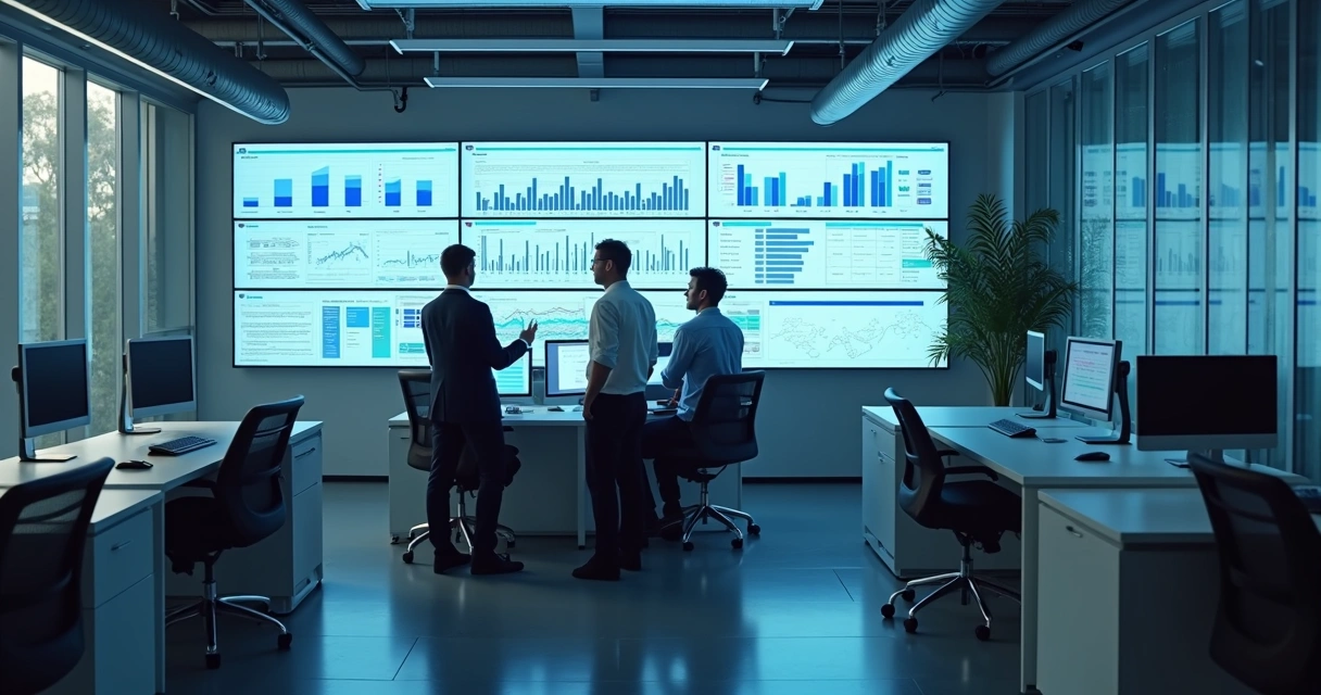 Equipe de marketing usando automação digital em escritório moderno 