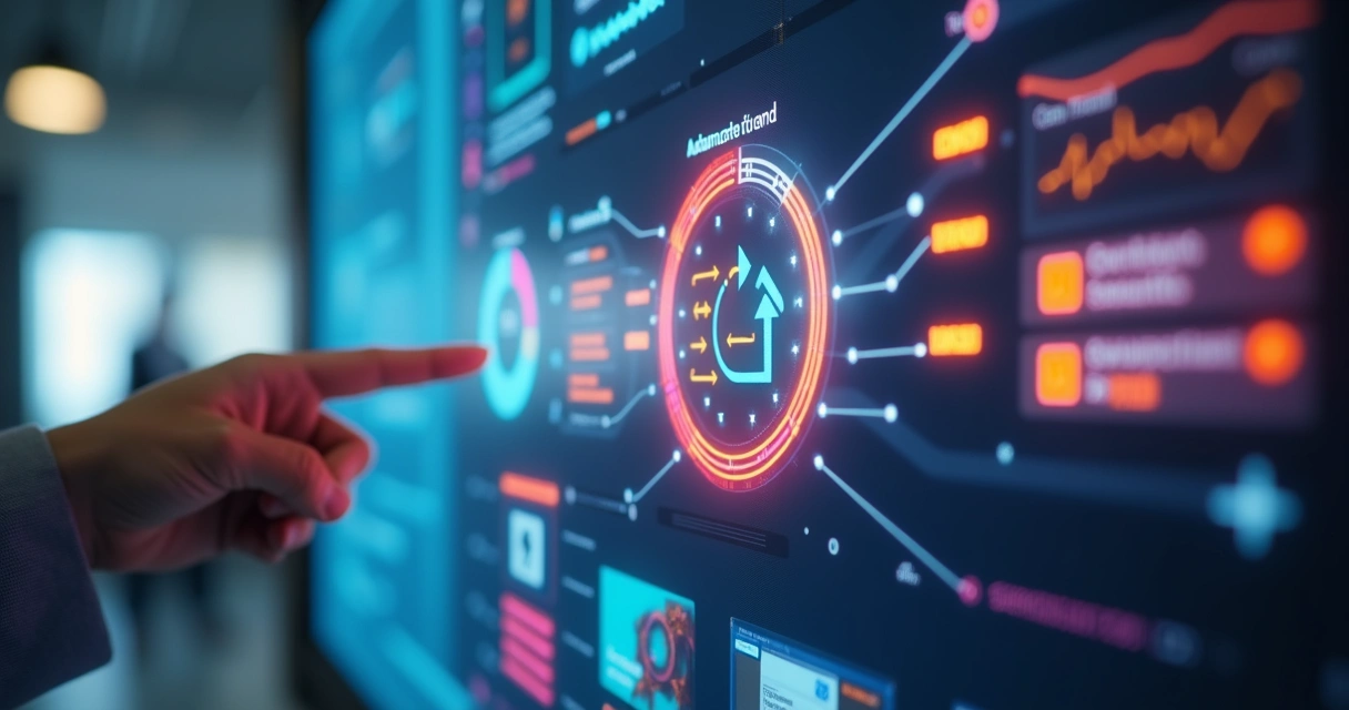 Painel digital com automação de envios, lembretes e aprovações representados por ícones