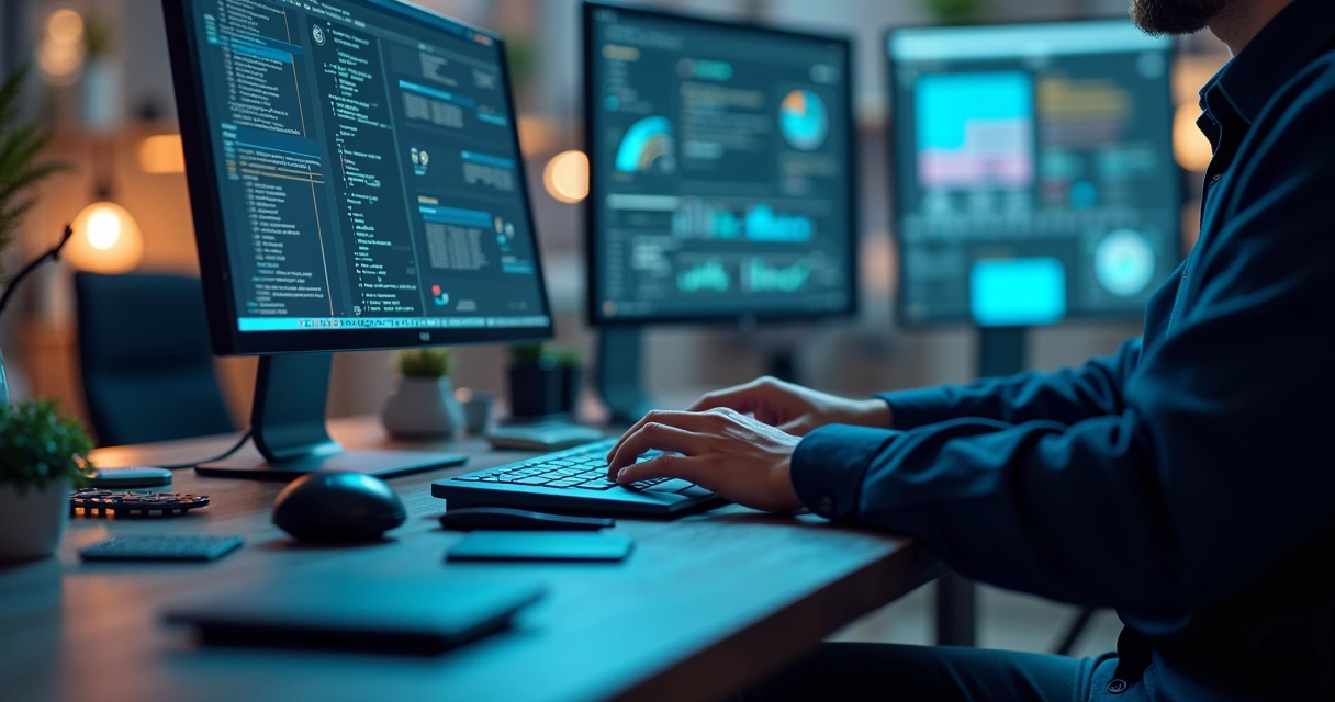 Pessoa usando computador com interface do N8N aberta, mostrando automação de processos manuais em ambiente de trabalho moderno 
