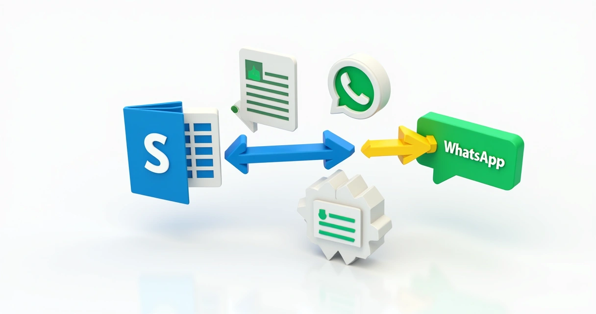 Fluxo automatizado de tarefas entre planilha, site e WhatsApp representado de forma visual e colorida 