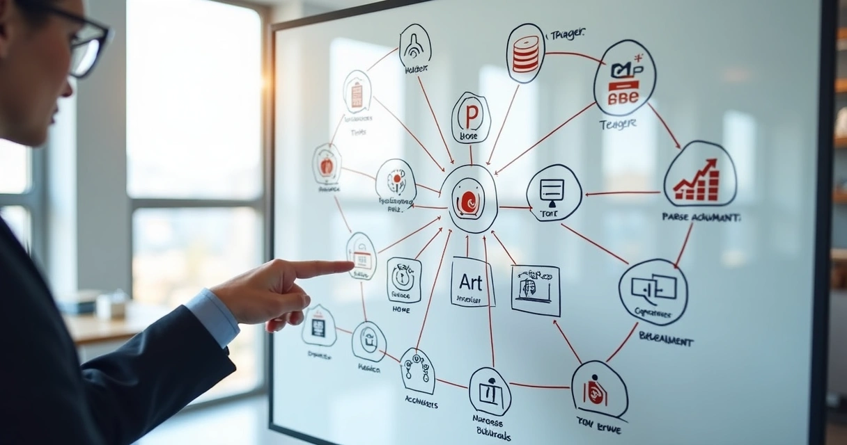 Diagrama em lousa digital mostrando automação de processos empresariais no Notion 