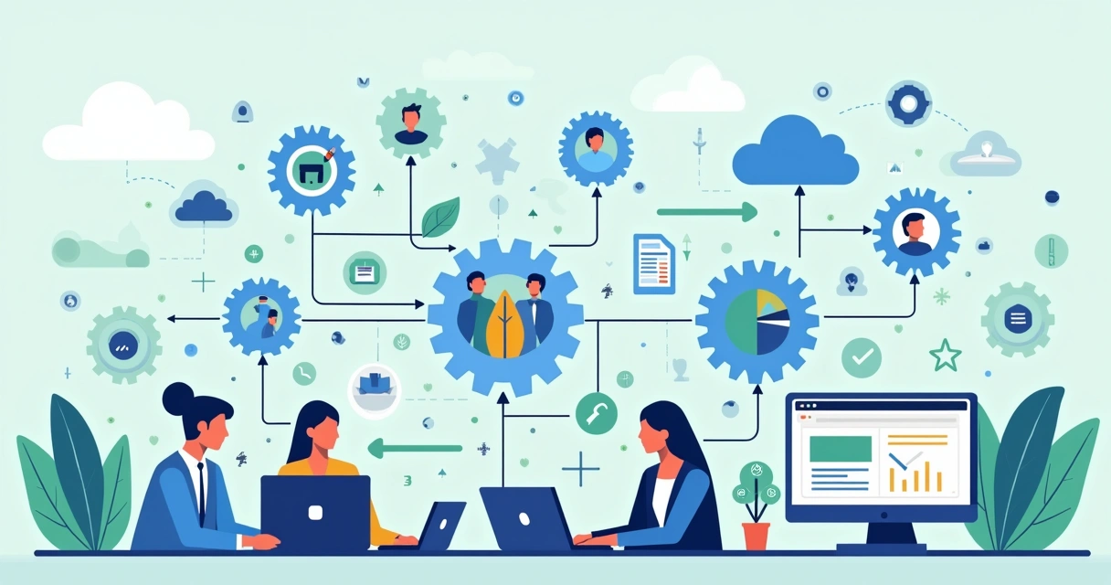 Ilustração plana corporativa mostrando integração de processos e automação em sistemas SaaS com ícones digitais e fluxos conectados 