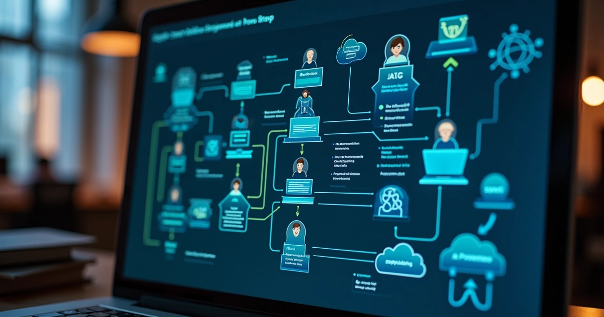 Fluxograma digital mostrando automação de testes e deploy em software