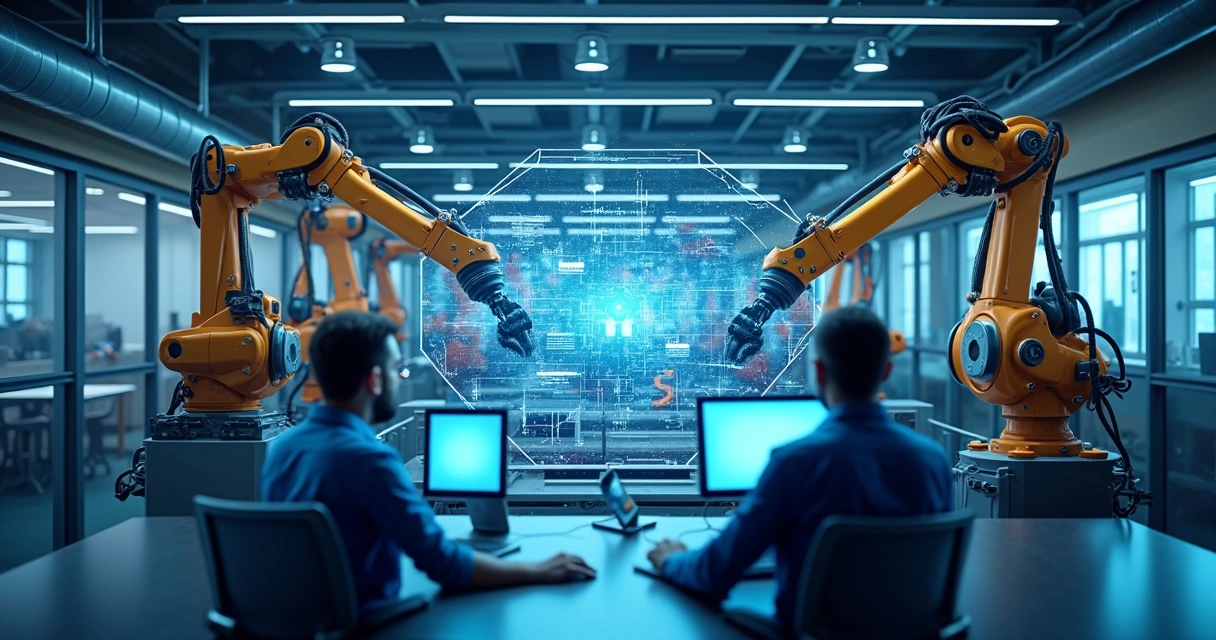Linha de produção automatizada com robôs trabalhando em tarefas tecnológicas 