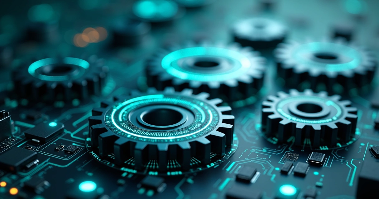 Engrenagens digitais representando automação de processos em TI