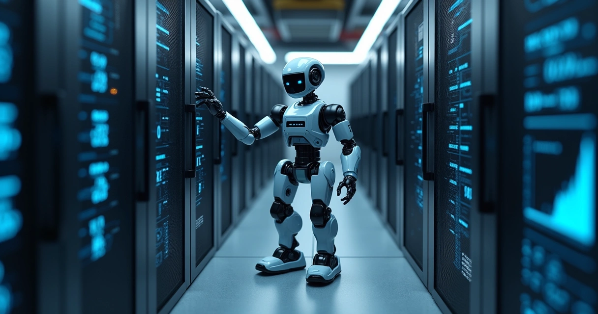 Robô ao lado de servidor automatizando tarefas de TI 