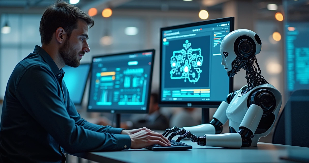 Robô e humano colaborando em processos de TI