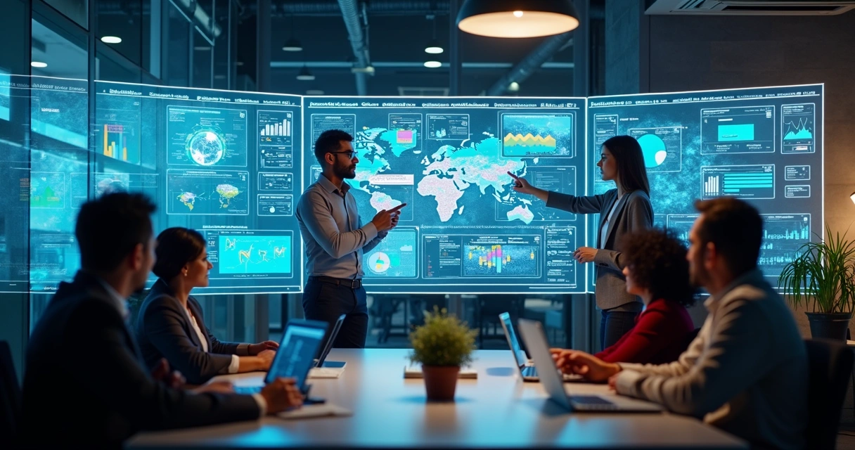 Equipe de tecnologia trabalhando integrada com telas digitais mostrando automação de processos de TI 