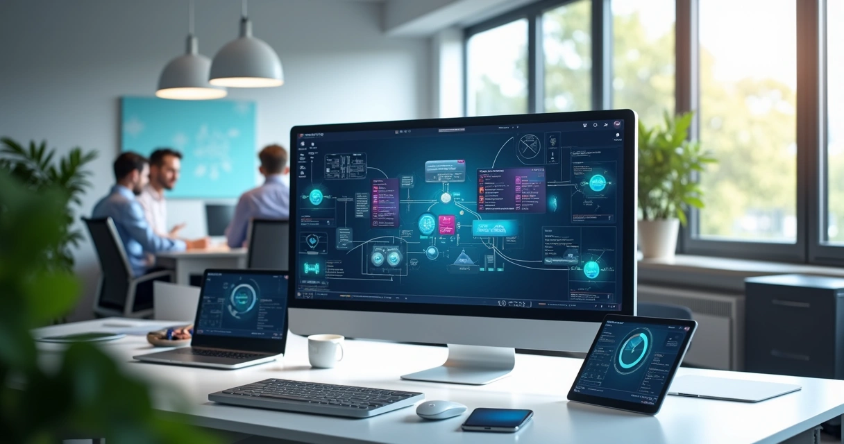 Tela de computador mostrando fluxos de automação de processos com gráficos e dados integrados 