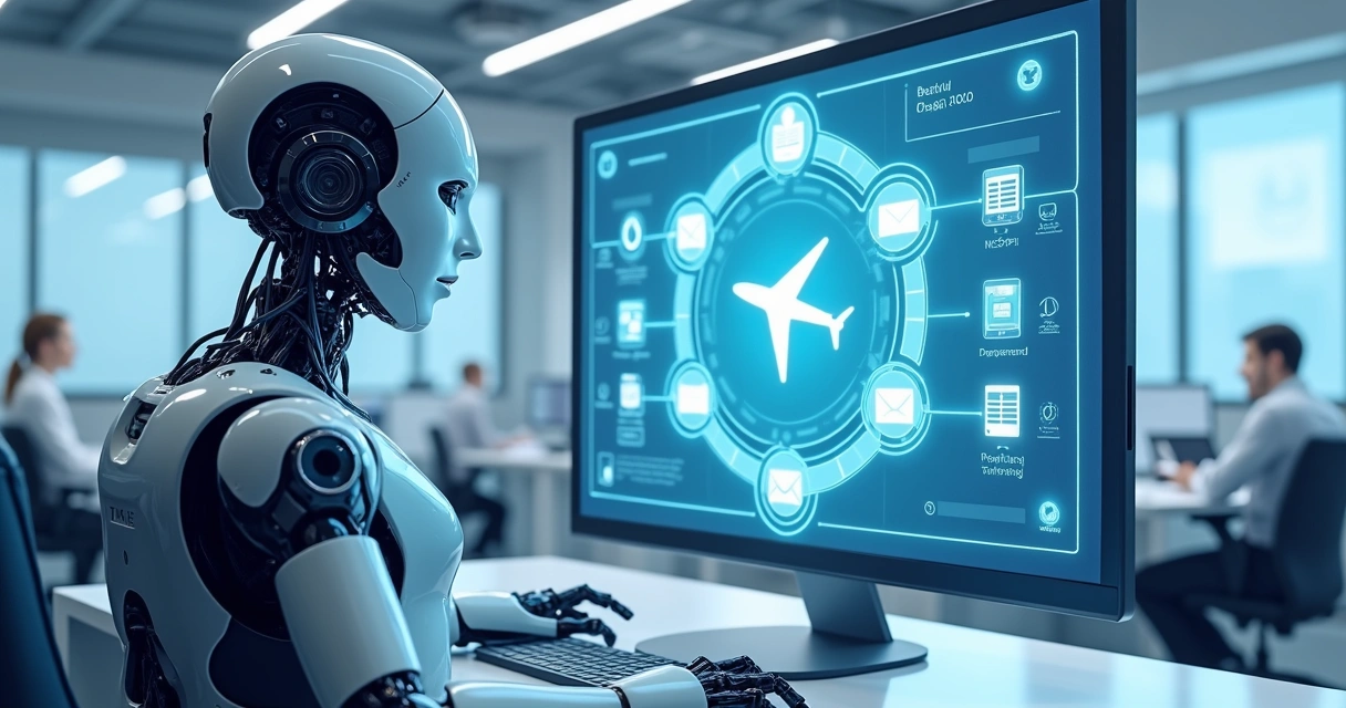 Robô digital interagindo com computador de reservas de viagem 