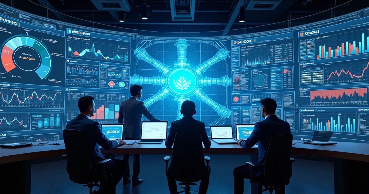 Painel digital com fluxos automatizados de vendas e equipes acompanhando os resultados 