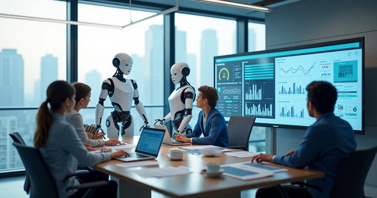 Robôs digitais interagindo com computadores de vendas em uma empresa 