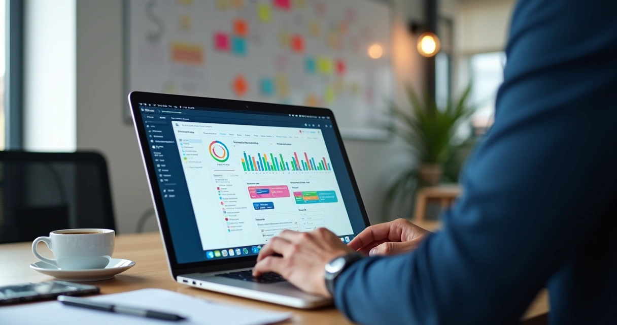 Engenheiro GTM trabalhando em computador com gráficos de vendas e automação na tela 