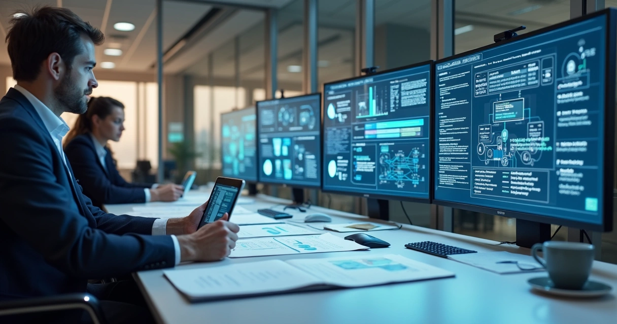 Equipes analisando dados em dashboard digital em ambiente corporativo