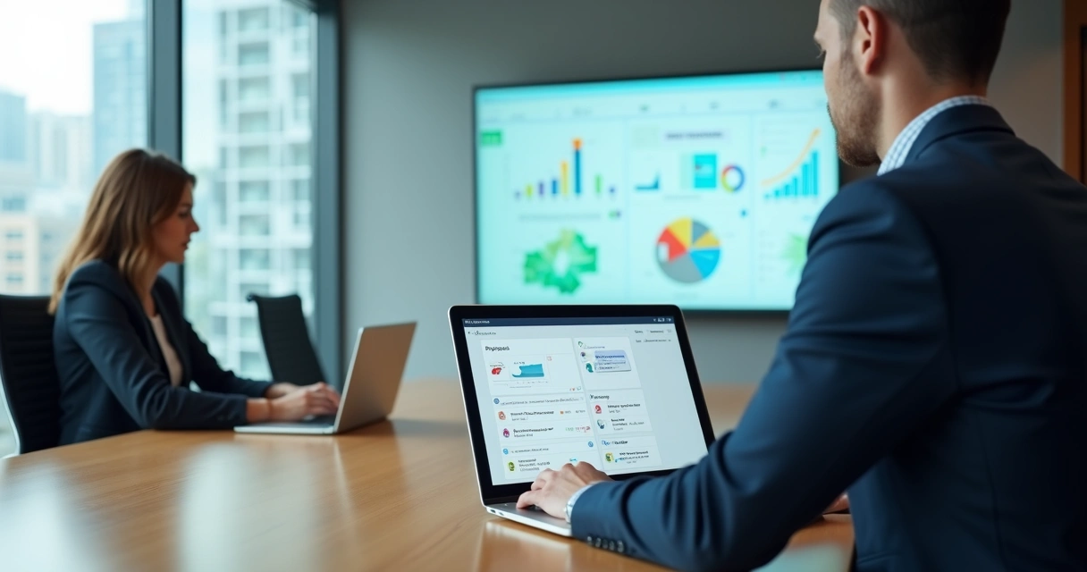 Gestor analisando painel digital com automação de propostas comerciais e gráficos de ROI 