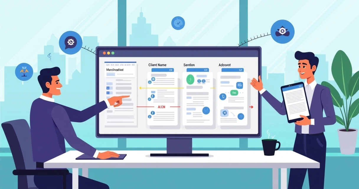Equipe de agência digital analisando propostas comerciais automatizadas em telas integradas 
