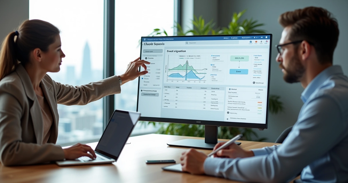 Equipe de vendas analisando proposta comercial digital automatizada em tela grande com CRM integrado 