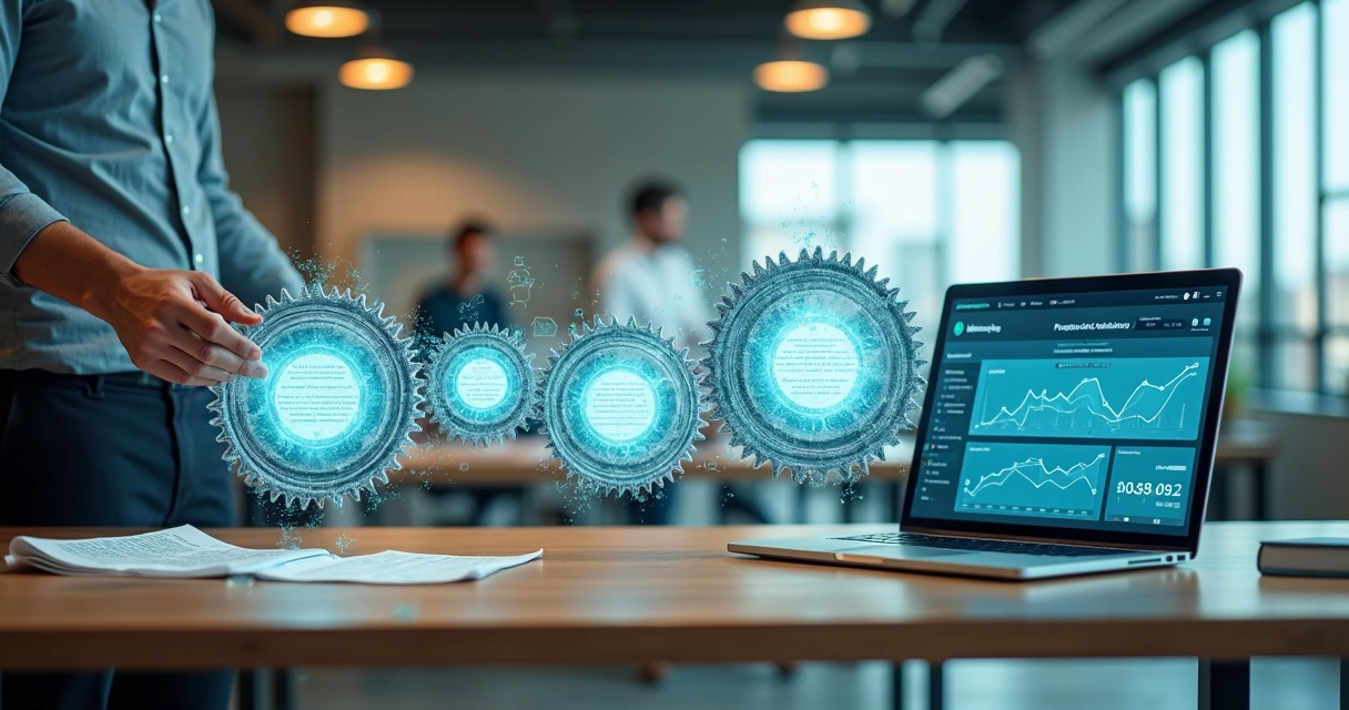Profissional ajustando engrenagens digitais que geram propostas comerciais automáticas 