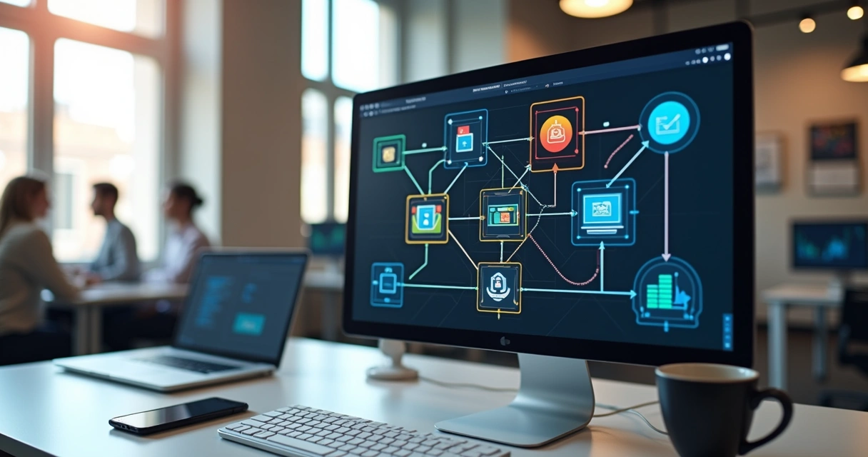 Computador com tela exibindo fluxo automatizado de geração de propostas comerciais usando N8N, com interface moderna e elementos gráficos de automação 