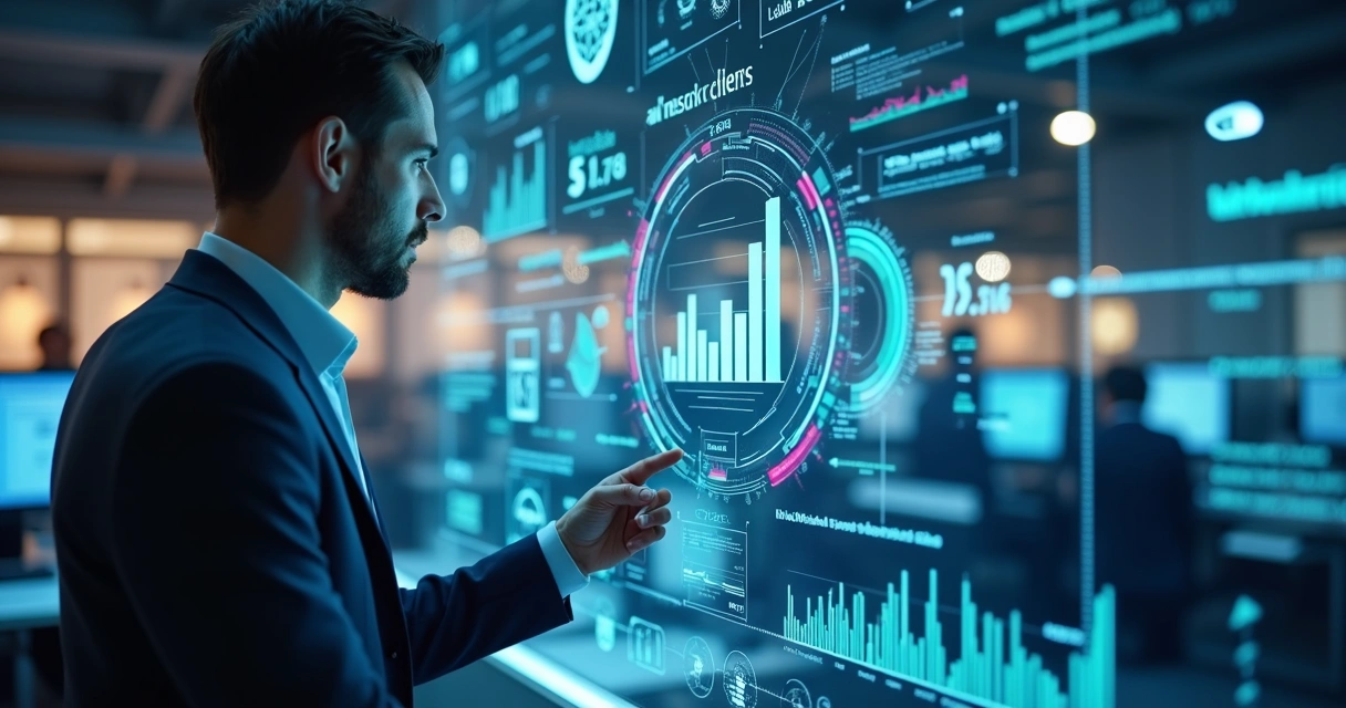 Profissional de negócios analisando dados de vendas em tela digital com gráficos e ícones de inteligência artificial ao redor 