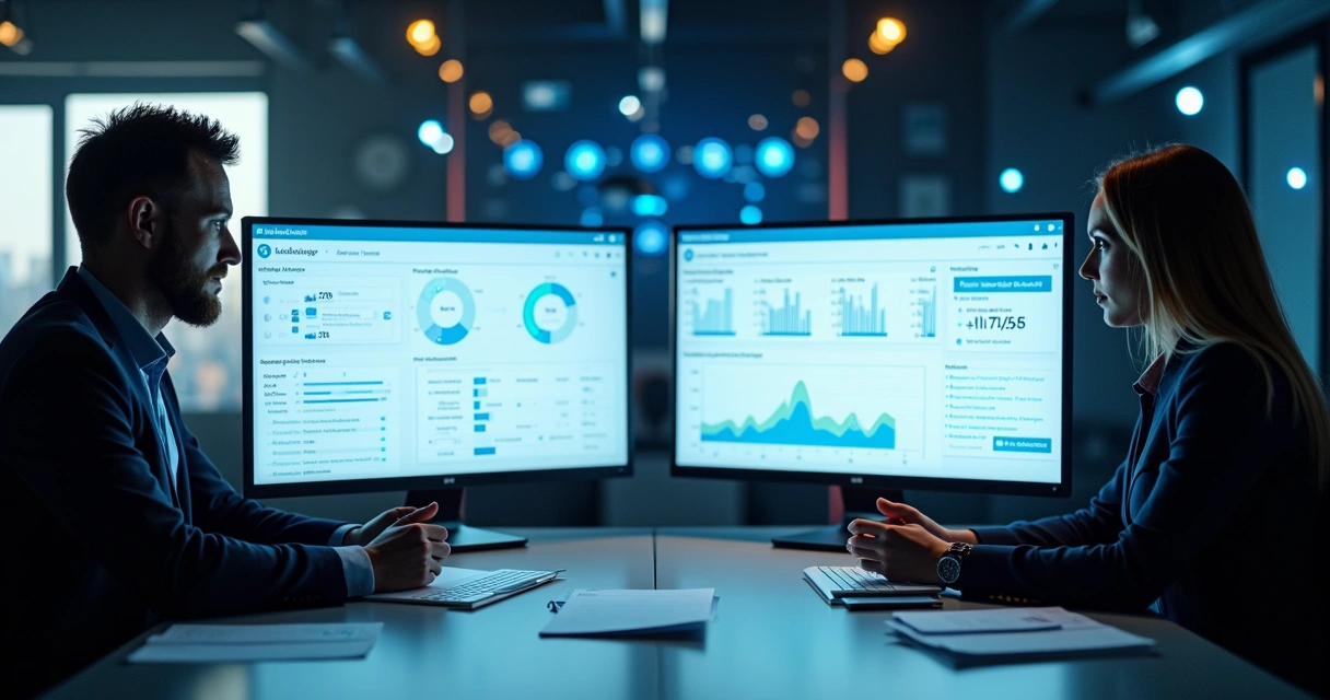 Profissionais analisando telas de automação de vendas SaaS em ambiente tecnológico 