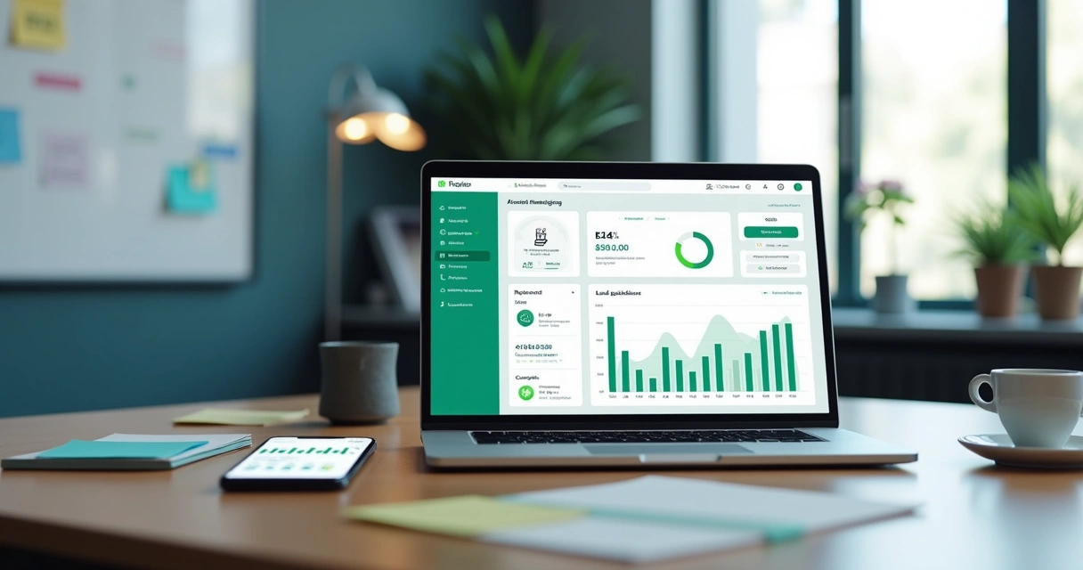 Tela de computador mostrando painel de automação de mensagens no WhatsApp com gráficos de vendas e contatos organizados 