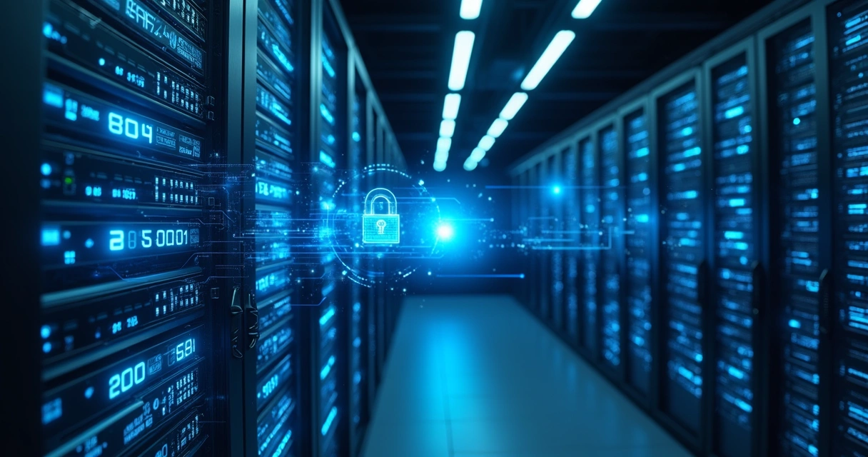 Servidor com luzes azuis e fluxos de dados digitais 