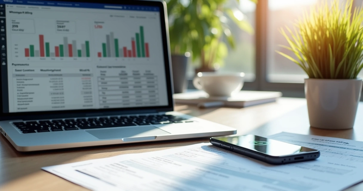 Mesa de trabalho moderna com laptop exibindo gráficos financeiros, smartphone mostrando notificações de cobranças via WhatsApp, e planilhas com status de recebimentos organizados 
