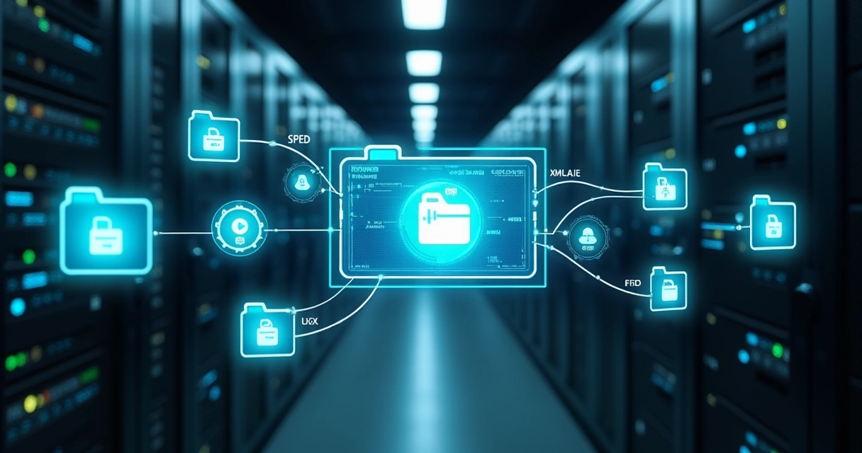 Servidor em datacenter gerindo fluxo automático de arquivos fiscais em painel digital 