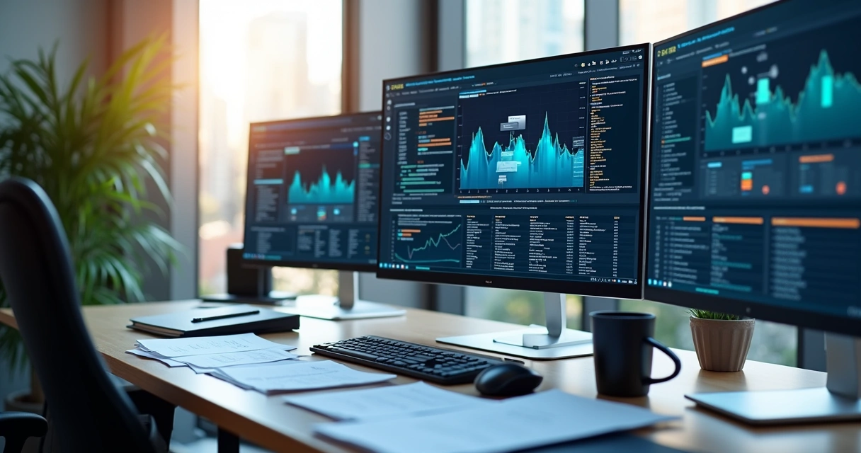 Mesa com múltiplas telas de computador exibindo dashboards de automação fiscal para recuperação de XMLs de NF-e, com gráficos, códigos e ícones de documentos eletrônicos, ambiente de escritório moderno com luz natural 