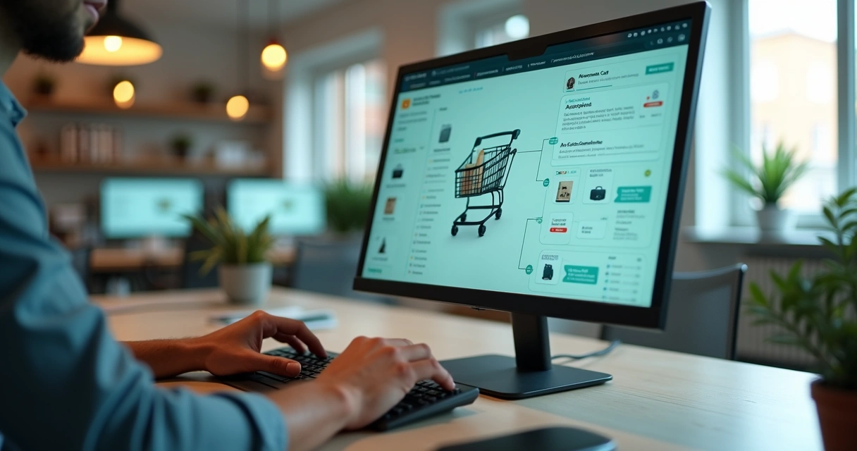 Tela de computador com carrinho abandonado sendo recuperado por automação de e-commerce 