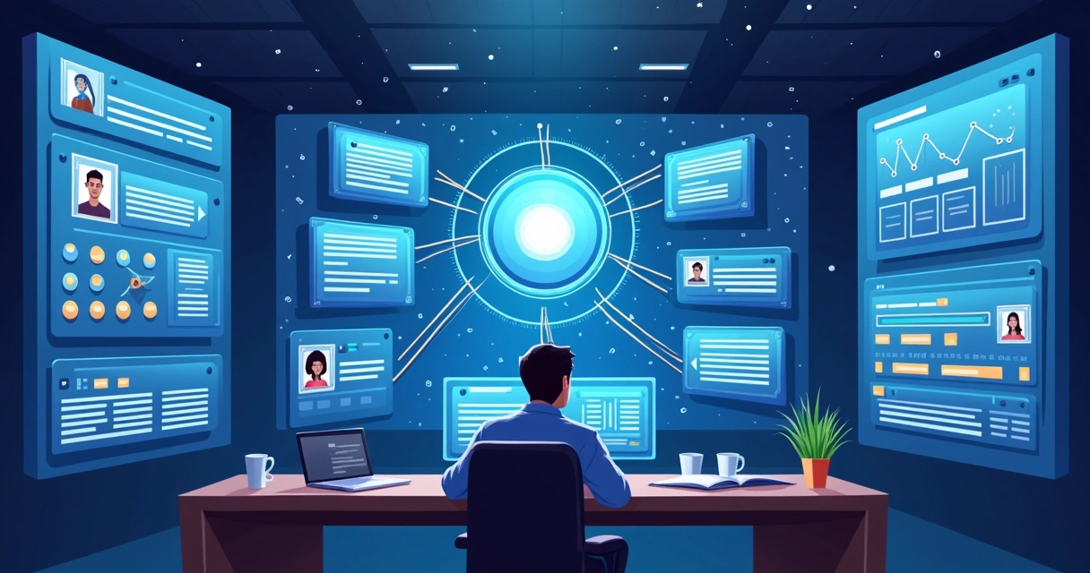 Painel digital mostrando fluxos automatizados de respostas em redes sociais