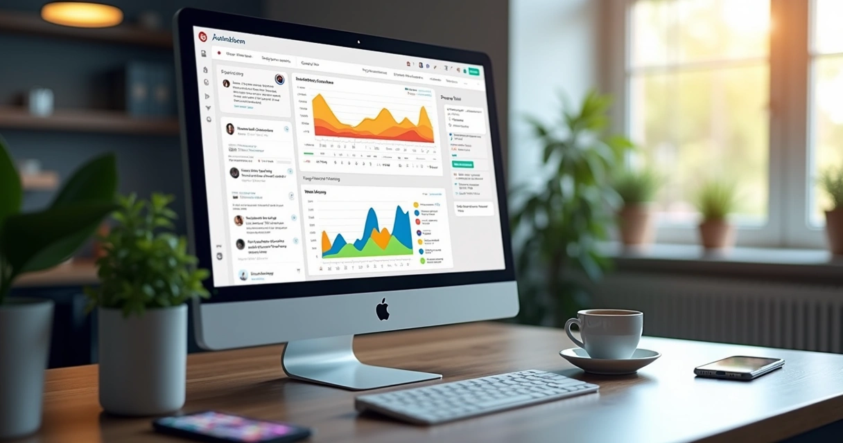 Computador com tela mostrando dashboard de automação para redes sociais com gráficos e notificações 