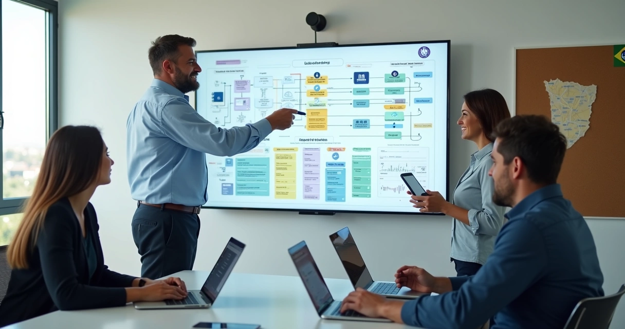 Equipe política observando painel digital com fluxos de automação de comunicação com líderes 
