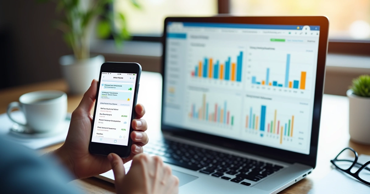 Dashboard digital exibindo gráficos de desempenho e comunicação automática de resultados para clientes B2B 
