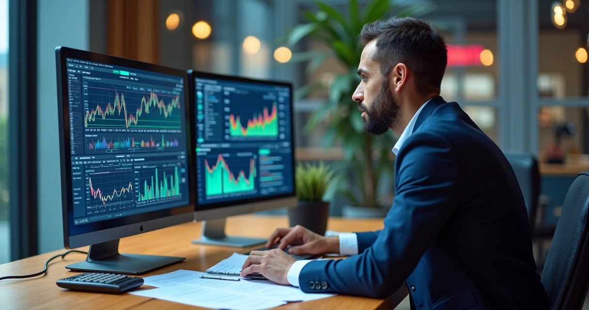 Pessoa analisando gráficos financeiros em tela de computador e folhas na mesa 