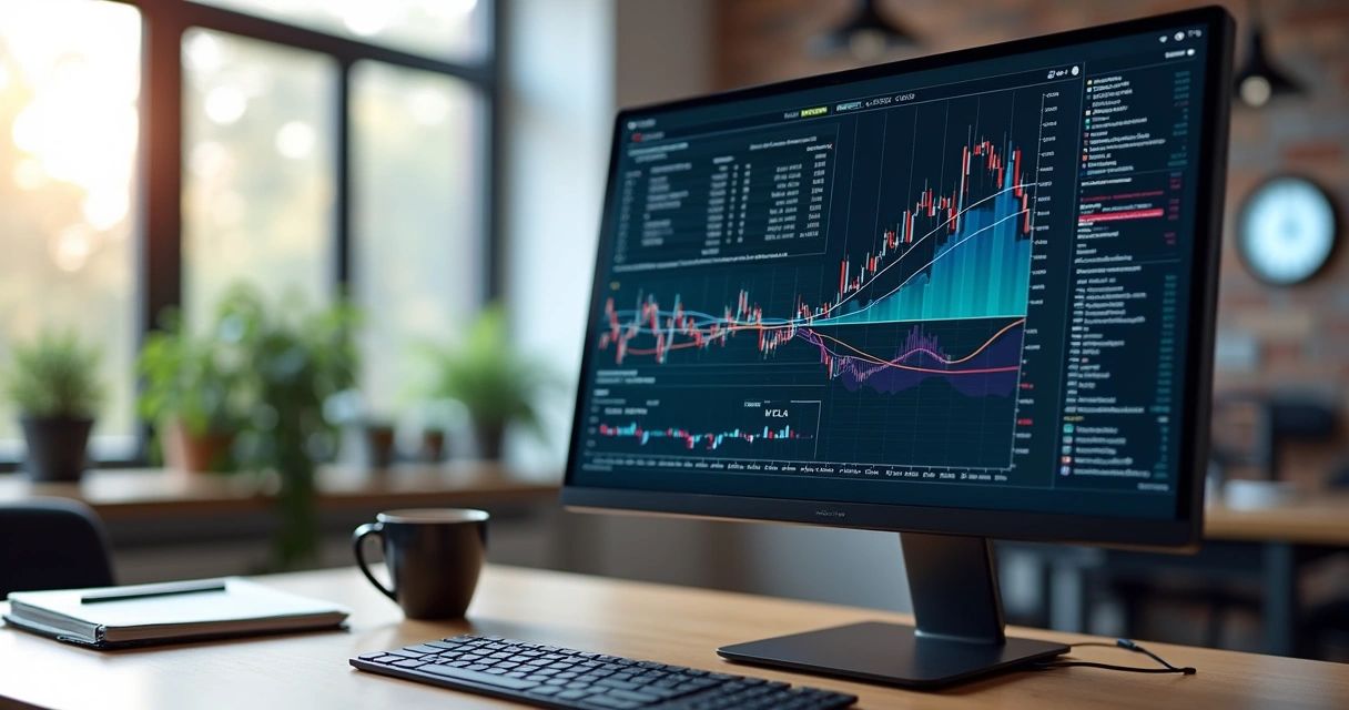 Computador com código VBA e Python visível na tela, gráficos financeiros ao redor e ambiente de escritório moderno 
