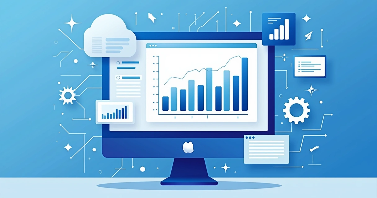 Ilustração flat corporativa mostrando uma tela de computador com gráficos e relatórios automatizados no MS Project, com ícones de inteligência artificial e engrenagens ao redor 