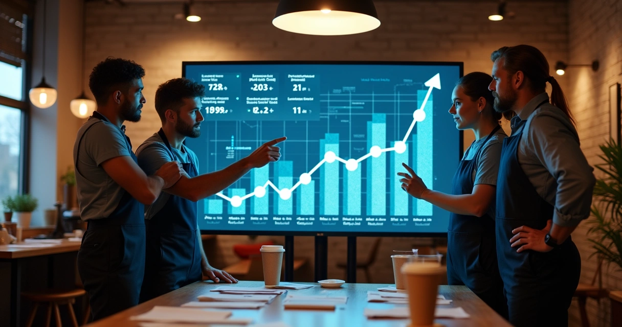 Equipe reunida em torno de tela com gráficos de vendas e automações