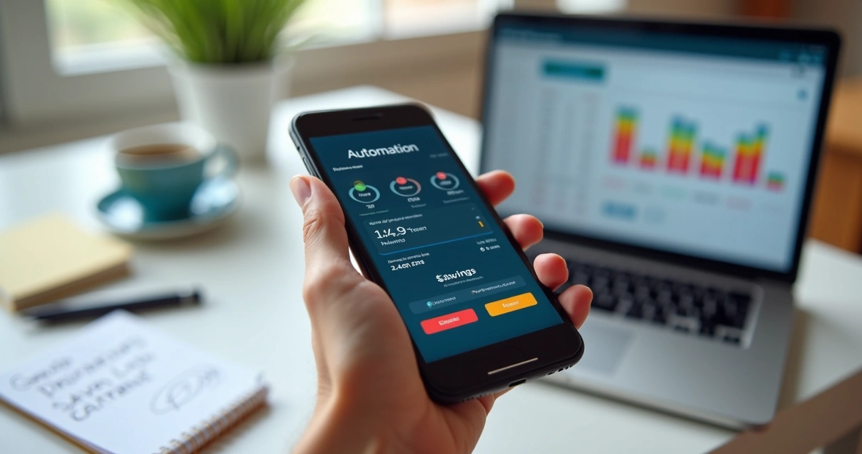 Tela de smartphone mostrando app financeiro com opção de automação de poupança mensal e gráficos coloridos ao fundo