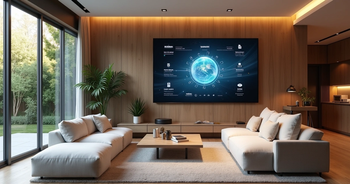 Automação residencial com painel de controles em sala moderna. 